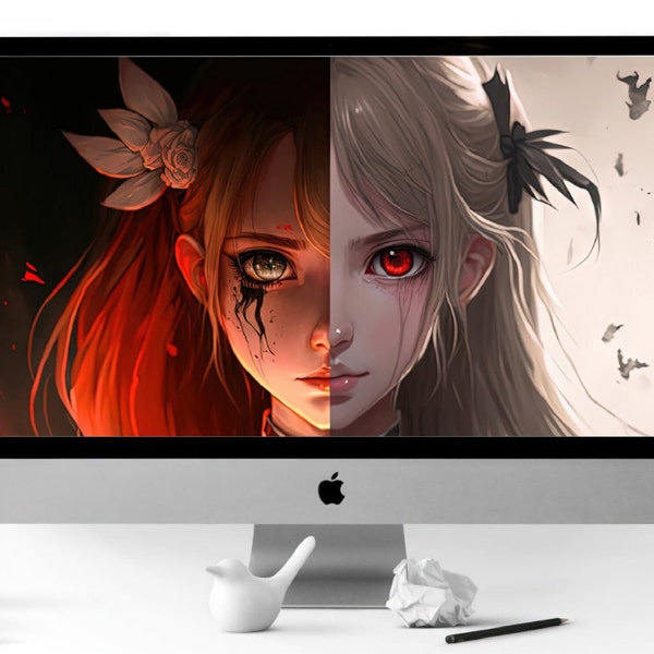 Good vs Evil Anime Girl | 8K Ultra HD Wallpaper | Digital Download | AI Art
