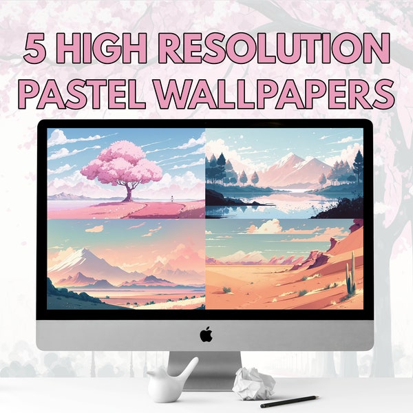 5 Pastel Landscape Desktop Wallpapers, 4K HD Macbook and Windows Wallpapers, Japanese Kawaii Art, AI Generated Digital Download