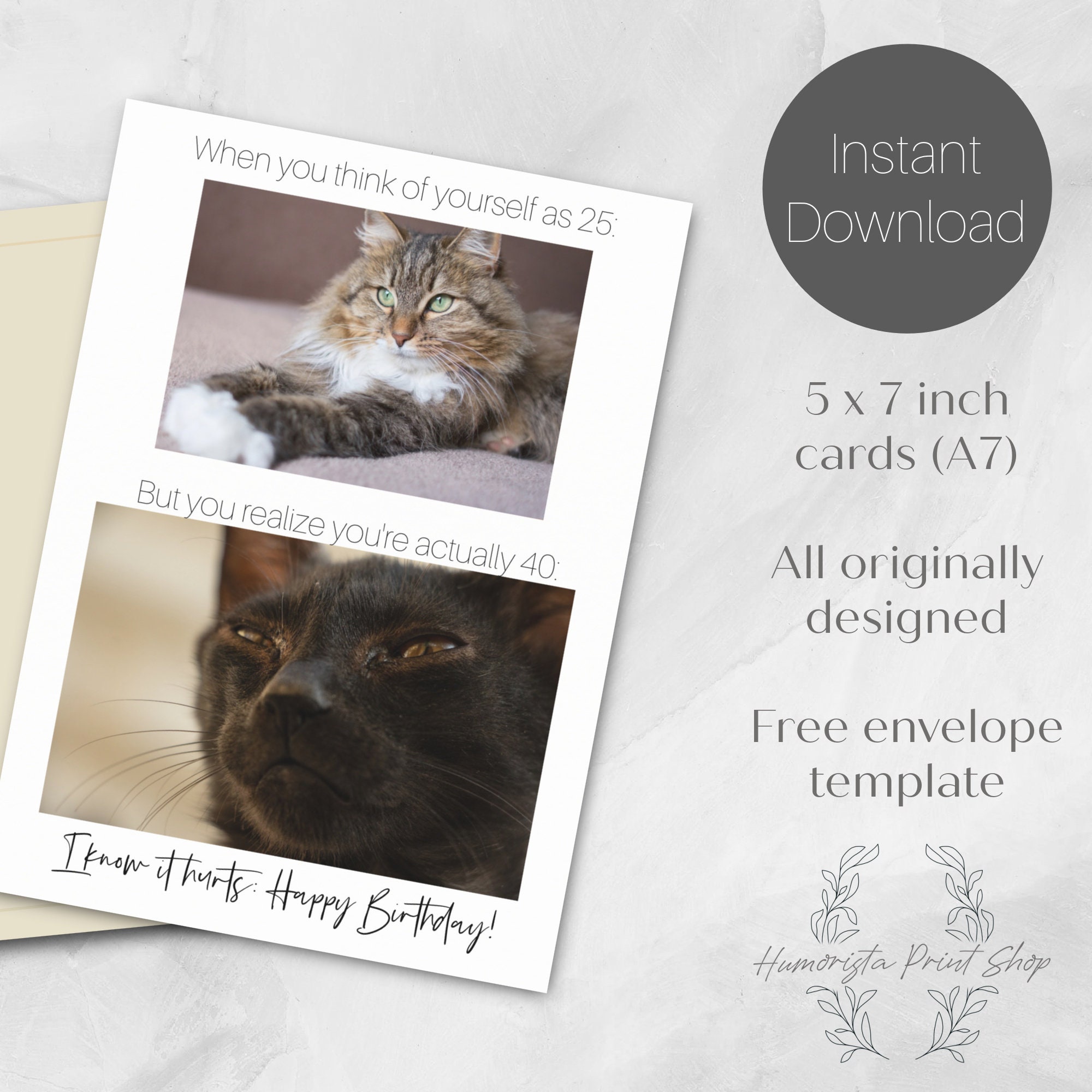 Funny Cat Printable 40th Birthday Card Instant Download Cat 40th ...