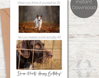 Funny dog printable 40th birthday card | digital funny silly birthday card | snarky humour 40th birthday card | print your own birthday card