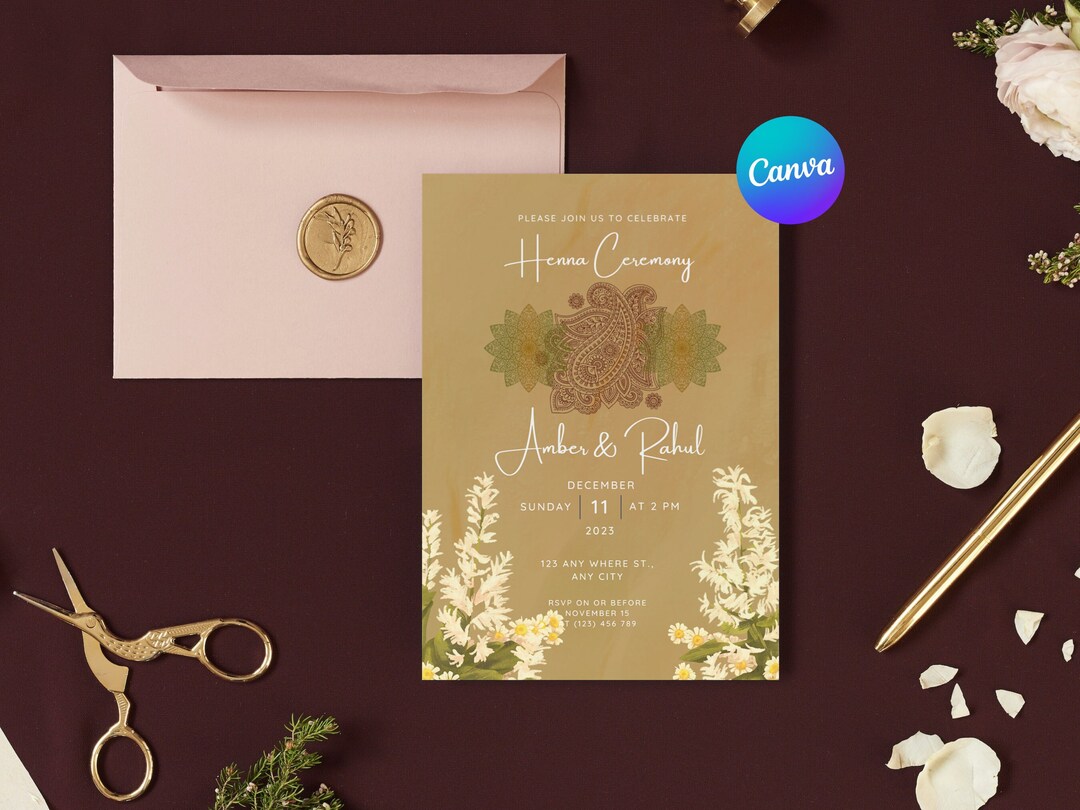 Minimalist Henna Ceremony Invitation Template, Mehendi Invite Template, Canva Template, Henna ...