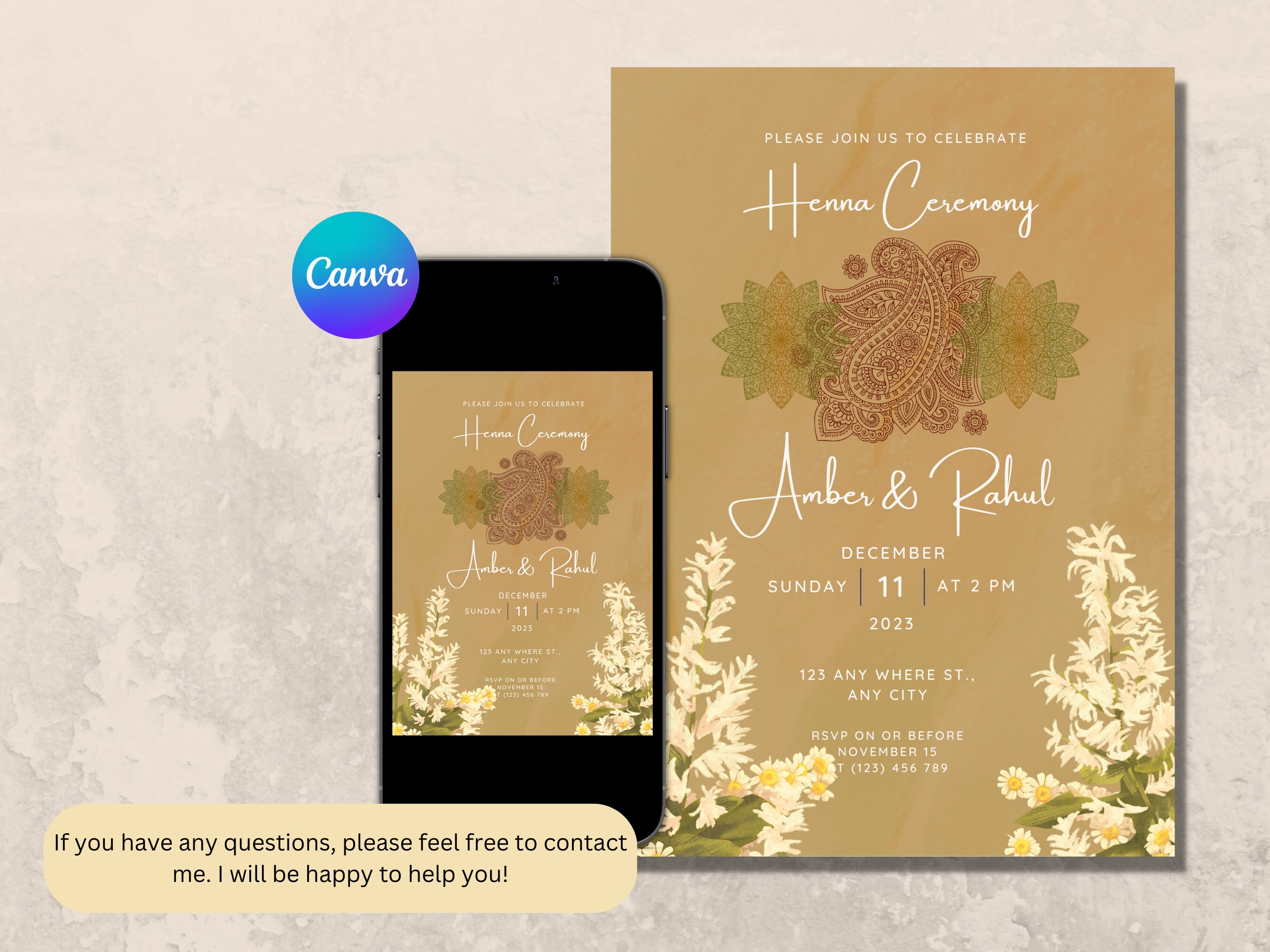 Minimalist Henna Ceremony Invitation Template, Mehendi Invite Template, Canva Template, Henna ...