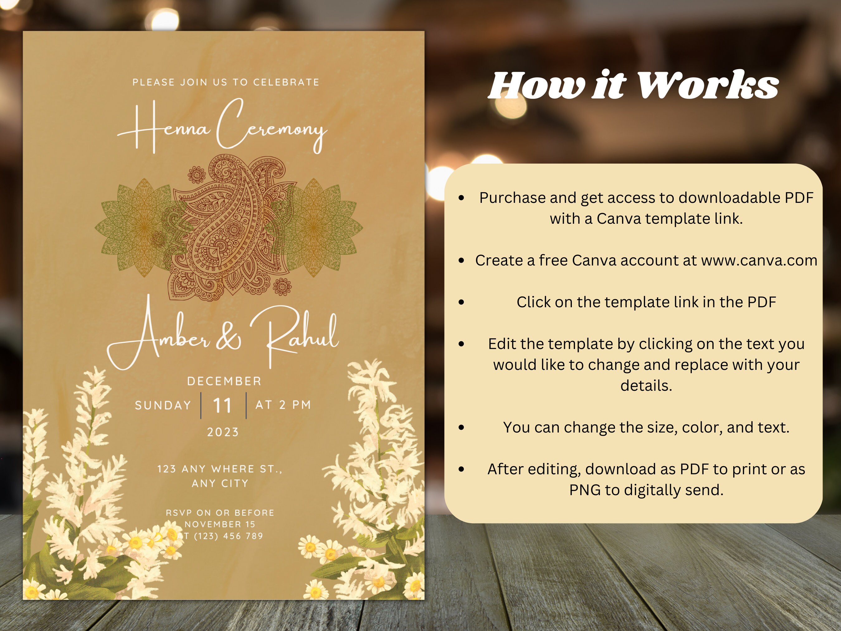 Minimalist Henna Ceremony Invitation Template, Mehendi Invite Template, Canva Template, Henna ...