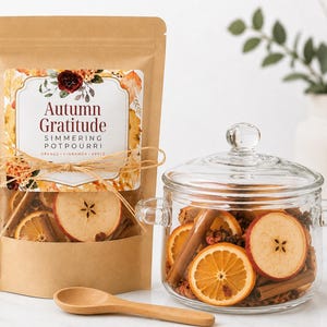 May include: A brown paper pouch labeled Autumn Gratitude Simmering Potpourri with dried orange slices, cinnamon sticks, and apple slices, alongside a clear glass lidded jar filled with the same ingredients and a small wooden spoon in front.