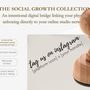 May include: A wooden stamp with the text "tag us on instagram" and the Instagram logo. The stamp is part of "The Social Growth Collection" and features the text "Boutique Design", "Precision Etched", and "Classic Wood or Self-Inking".