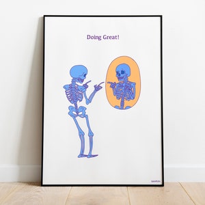 Fazendo grande esqueleto cartaz desenho linha de impressão arte engraçado parede sarcástico wallart azul esqueleto crânio ossos dos desenhos animados cartaz lineart
