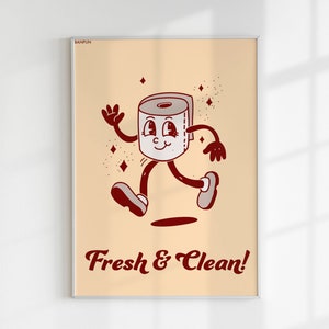 Plakat do łazienki łazienka zabawny retro kreskówka papier toaletowy sztuka ścienna Świeży i czysty wydruk w łazience papier toaletowy rysunek pralnia
