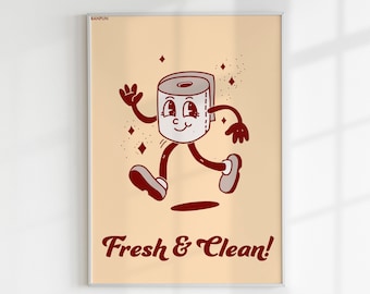 Restroom Poster bathroom funny retro cartoon toilet paper wallart Fresh and Clean rest room print toiletpaper drawing laundy