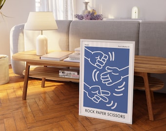 Rock Paper Scissors Lineart poster retro Blue wallart entryway pastel print living room line drawing poster kids room blue digital print