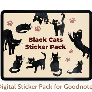 May include: Digital sticker pack for Goodnotes featuring black cats in various poses. The pack includes a variety of cute black cat illustrations with paw prints on a beige background. The text "Black Cats Sticker Pack" is displayed in the center of the image.