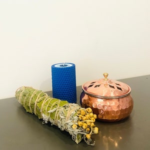 Round copper incense holder, evil eye bead candle and sage incense set
