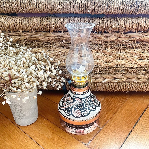 Turkish lamp, handmade copper gas oil lamp, Vintage oil lamp, Copper oil lamp, Antique oil lamp, Small size