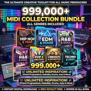 May include: A digital music bundle with the text "999,000+ MIDI COLLECTION BUNDLE." The image shows folders labelled "Hip Hop & Trap," "EDM & House," "R&B & Soul," and others. Includes the text "Unlimited Inspiration!" and "Instant Digital Download."