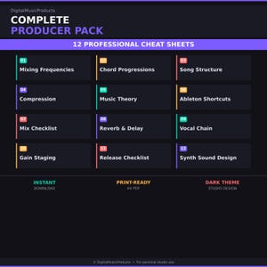 May include: A digital music producer pack featuring 12 professional cheat sheets with a dark theme. The list includes topics such as Mixing Frequencies, Chord Progressions, Song Structure, Compression, Music Theory, Ableton Shortcuts, and more.