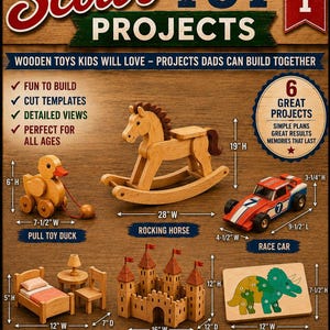 May include: A project guide titled Scott's Toy Projects Vol. 1 featuring six wooden toy designs: a 15.24 cm pull duck, a 48.26 cm rocking horse, an 8.26 cm race car, a 12.7 cm dollhouse set, a 30.48 cm castle, and a 19.05 cm triceratops puzzle.