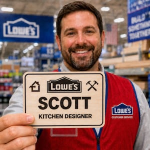 May include: A rectangular wooden name tag featuring the Lowe's logo, a house icon with a hammer, and crossed hammers. The text reads SCOTT and KITCHEN DESIGNER in black lettering. The tag is held up against a red vest with a Lowe's customer service logo.