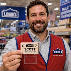 May include: A rectangular wooden name tag featuring the Lowe's logo, a house icon, and crossed hammer icons. The text reads SCOTT and KITCHEN DESIGNER. The tag is held in front of a red vest with blue trim and a Lowe's CUSTOMER SERVICE logo.