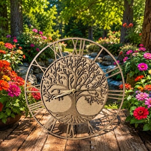May include: A circular wall clock featuring a laser-cut tree of life design in the center. The clock face has large Roman numerals around the outer edge and two thin, dark hands. The material is a matte brown finish with a textured surface.
