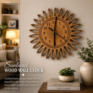 May include: A circular wooden wall clock with a sunburst design featuring elongated rays, a rope-patterned border, and black numerals from 1 to 12. The clock face has black hour, minute, and second hands centered on a light brown wood grain surface.