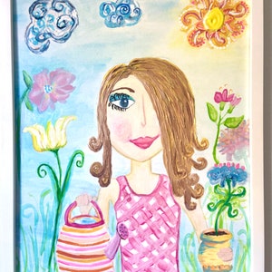 Garden Girl Original Art - Textured Acrylic Painting Bright Happy Fun