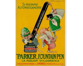 Parker Fountain Pen Vintage Italian Advertising Advert Poster Print, Writing Pen Ad Poster, Italy Pen Poster Print On Matte Paper Or Canvas