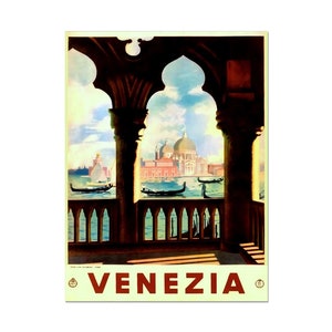 May include: A vintage travel poster for Venice, Italy. The poster features a view of the city from a balcony, with a large church in the background and gondolas in the water. The text "VENEZIA" is printed in red at the bottom of the poster.