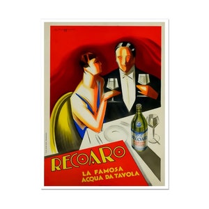 Cartel publicitario de bebida italiana vintage Recoaro Acqua, cartel de agua, comida y bebida italiana, impresión de barra de cocina en papel mate o lienzo enrollado