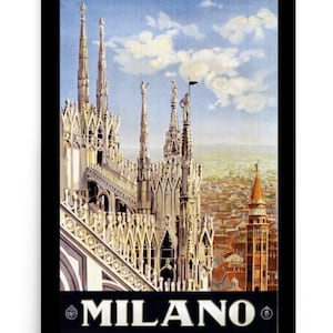 Milan, Milano Vintage Travel Print, Vintage World Travel Poster, Art Deco Printed Poster Wall Decor Black Background