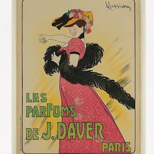 Manifesto pubblicitario d'epoca del profumo Les Parfum De J. Daver Paris, manifesto pubblicitario francese d'epoca, manifesto pubblicitario di moda stampato su carta opaca o tela arrotolata.