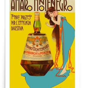 Póster de Amaro Montenegro, impresión vintage de comida y bebida italiana, anuncio de aperitivo, impresión Art Nouveau, póster impreso para bar y restaurante, idea de regalo