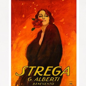 Póster de bebidas vintage Strega, póster de licor italiano Strega, impresión para cocina, bar y comida en papel mate o lienzo enrollado.