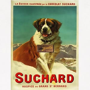 Manifesto del cioccolato, cioccolato Suchard d'epoca, manifesto pubblicitario Chocolat Hospice Du Grand St Bernard, stampa del manifesto del 1906, stampa del manifesto alimentare della cucina