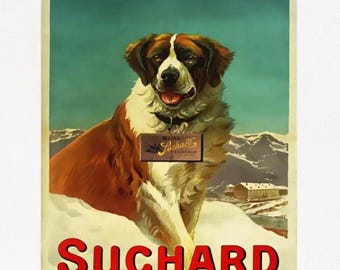 Vintage Suchard Chocolate Poster, St Bernard Dog, Swiss Alps Ad