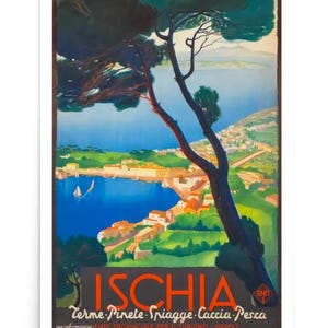 May include: A vintage travel poster advertising Ischia, Italy. The poster features a colorful illustration of a coastal town with a blue bay, green hills, and a large pine tree in the foreground. The text on the poster reads "ISCHIA Terme Pinete Spiagge Caccia Pesca" and includes information about the local tourism board.