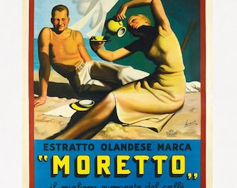Póster vintage de Café Moretto, anuncio de café italiano, impreso en papel mate o lienzo enrollado.