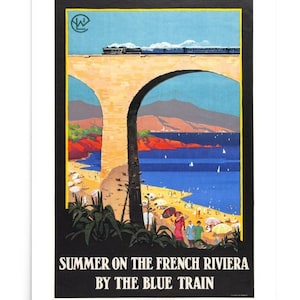 Poster di viaggio in treno vintage in Francia, estate sulla Costa Azzurra vicino al treno blu, poster Art Deco 1926