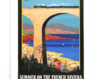 Affiche vintage de voyage en train en France, été sur la Côte d&#39;Azur par le train bleu, affiche Art déco 1926