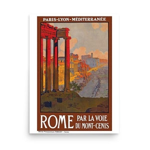 Manifesto pubblicitario d'epoca di un viaggio in treno francese per Roma, manifesto di viaggio d'epoca per il mondo