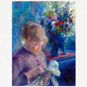 Stampa di cucito, Giovane donna che cuce, dell'impressionista Autuste Renoir, Jeune Femme Cousant, dipinto di stampa di cucito, su carta opaca o tela arrotolata