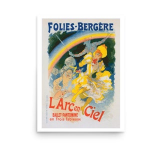 Vintage French Theatre Poster, Les Folies Bergere Print Of A Dancing Woman Under A Rainbow