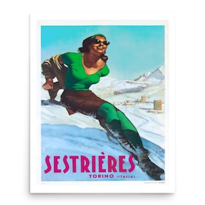 Sestriere, Vintage Ski Italian Travel Poster Winter Sports Poster, Skiing in Italy Print, Woman Skiing Poster, Stampa Sciare Invernale