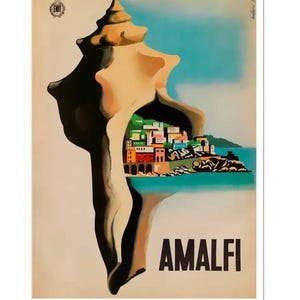 May include: Vintage travel poster featuring a large seashell with a coastal town scene inside. The poster has a light beige background, a blue sky, and the word "AMALFI" in bold black letters.