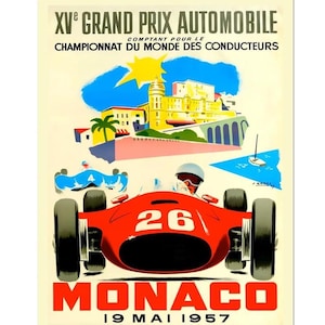 Stampa poster del Gran Premio di Monaco 1957, Championnat Du Monde Pour Des Conducteurs, XVe Grand Prix Automobile, su carta opaca o tela arrotolata