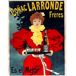 Cognac Larronde Freres, cartel vintage de comida y bebida, cartel publicitario de bebida alcohólica vintage Art Nouveau, impresión en papel mate o lienzo enrollado.