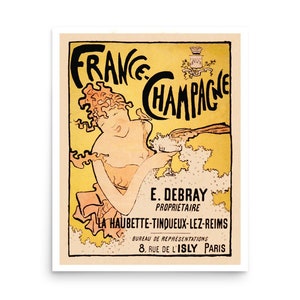 Weinlese-französisches Werbeplakat, Champagner mit gelbem Hintergrund und Dame mit Champagner-Blasen