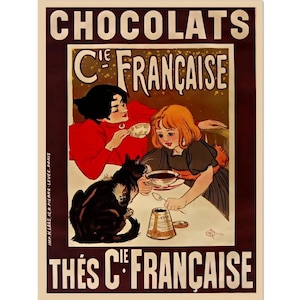 Schokoladen-Plakat, Vintage französische Schokolade und Tee, Chocolats Thés, Werbeplakat druck 1895, Lebensmittelplakat-Anzeigen-Küchenbar-Druck