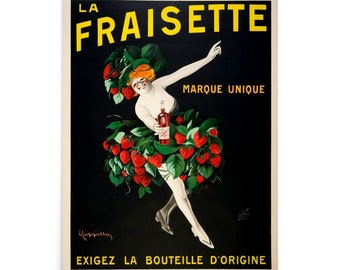 La Fraisette Vintage French Advertising Poster, Lady With Strawberries And Strawberry Drink Bottle.