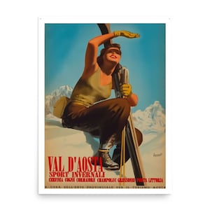Val d&#39;Aosta, Vintage Ski Italian Travel Poster Winter Sports Poster, Skiing in Italy Print, Woman Skiing Poster, Stampa Sciare Invernale