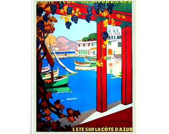 Vintage Cote D'Azur French PLM Travel Poster, L'été Sur La Côte d'Azur, Summer on the Côte d'Azur World Art Deco Travel Print Travel Poster