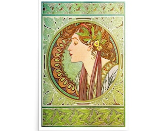 May include: A vintage illustration of a woman with red hair and a floral crown. She is wearing a white dress with a red sash. The background is a green and gold Art Nouveau design.